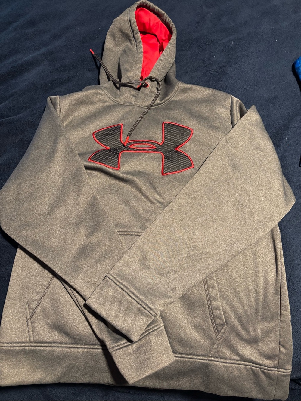 Under Armour Gray Pullover Hoodie with Red Lining and Logo Trim